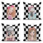 - Rh-K4luset864 - Realhomes 4'lü Damalı Zeminde Pop-Art Kız Tasarımlı Modern Yastık Kırlent Kılıfı Seti Realhomes