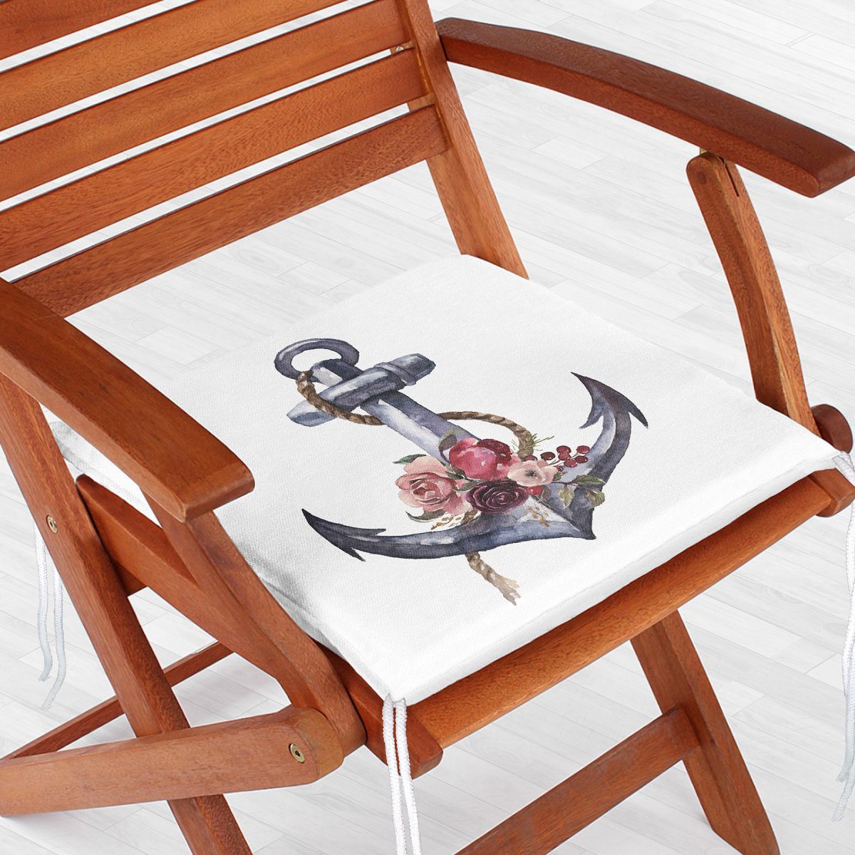 Beyaz Zeminde Sade Çapa Tasarımlı Dijital Baskılı Fermuarlı Sandalye Minderi Realhomes