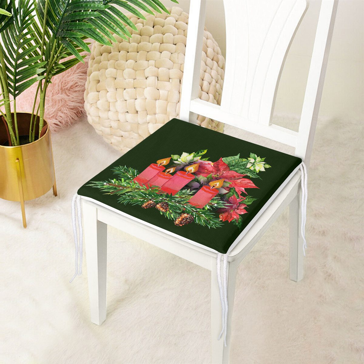 Yeşil Zemin Çam Yapraklı Mum Tasarımlı Dijital Baskılı Modern Fermuarlı Sandalye Minderi Realhomes