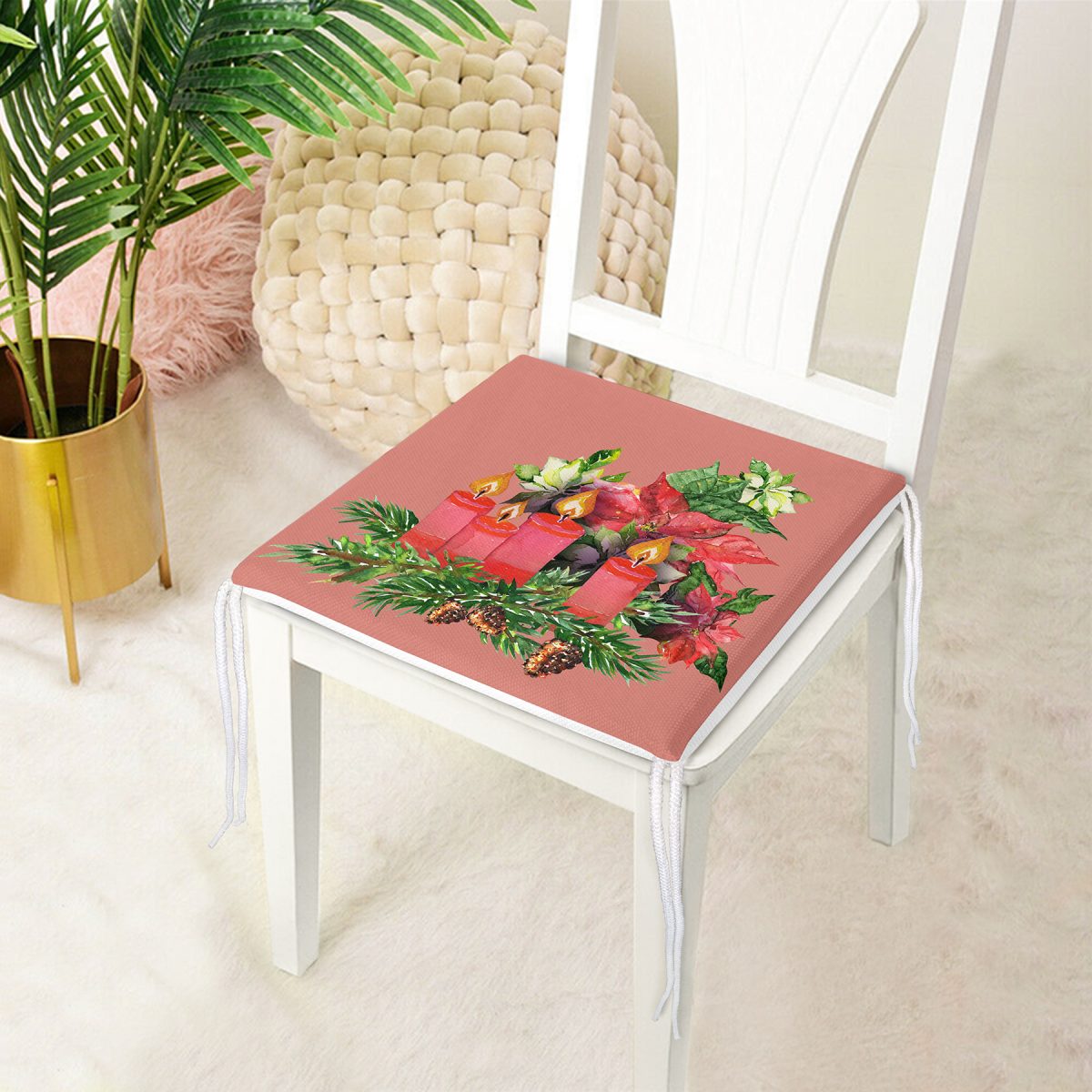 Pembe Zemin Çam Yapraklı Mum Tasarımlı Dijital Baskılı Modern Fermuarlı Sandalye Minderi Realhomes
