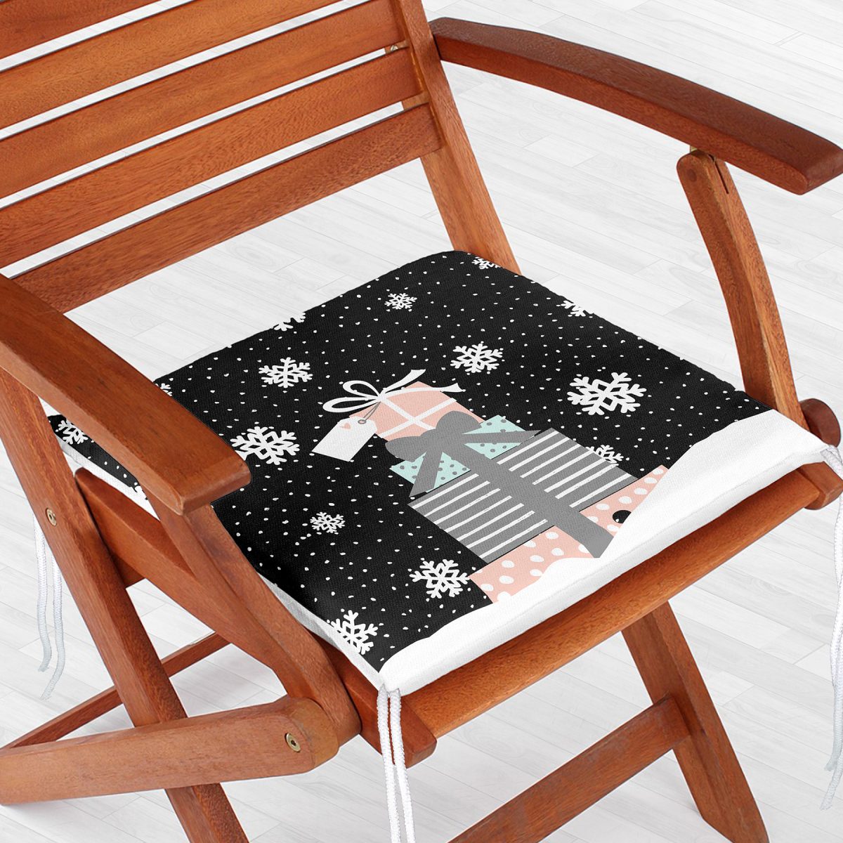 Siyah Kar Taneli Zemin Hediye Paketleri Desenli Dijital Baskılı Modern Fermuarlı Sandalye Minderi Realhomes