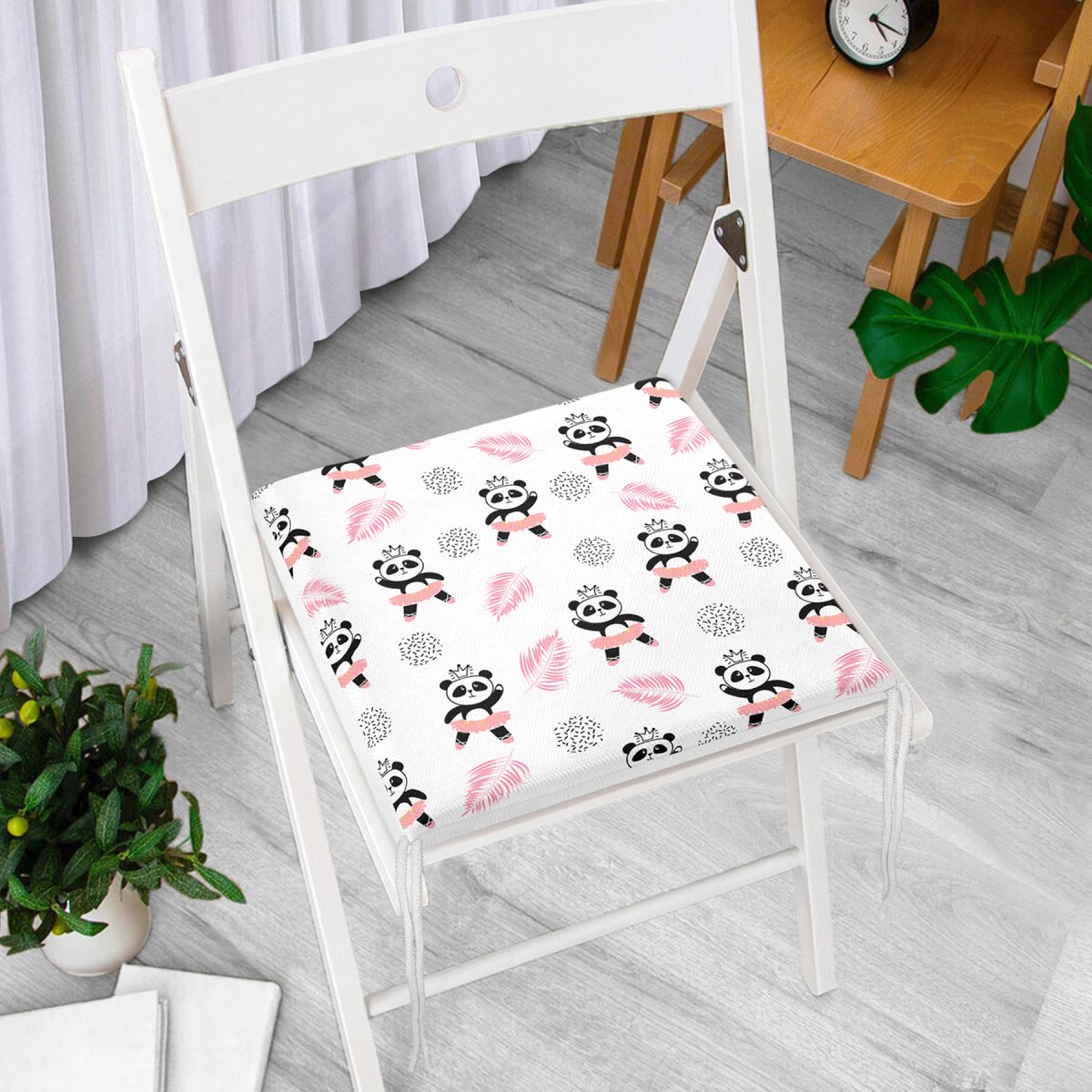 Pembe Balerin Panda Desenli Dijital Baskılı Özel Tasarım Modern Fermuarlı Sandalye Minderi Realhomes