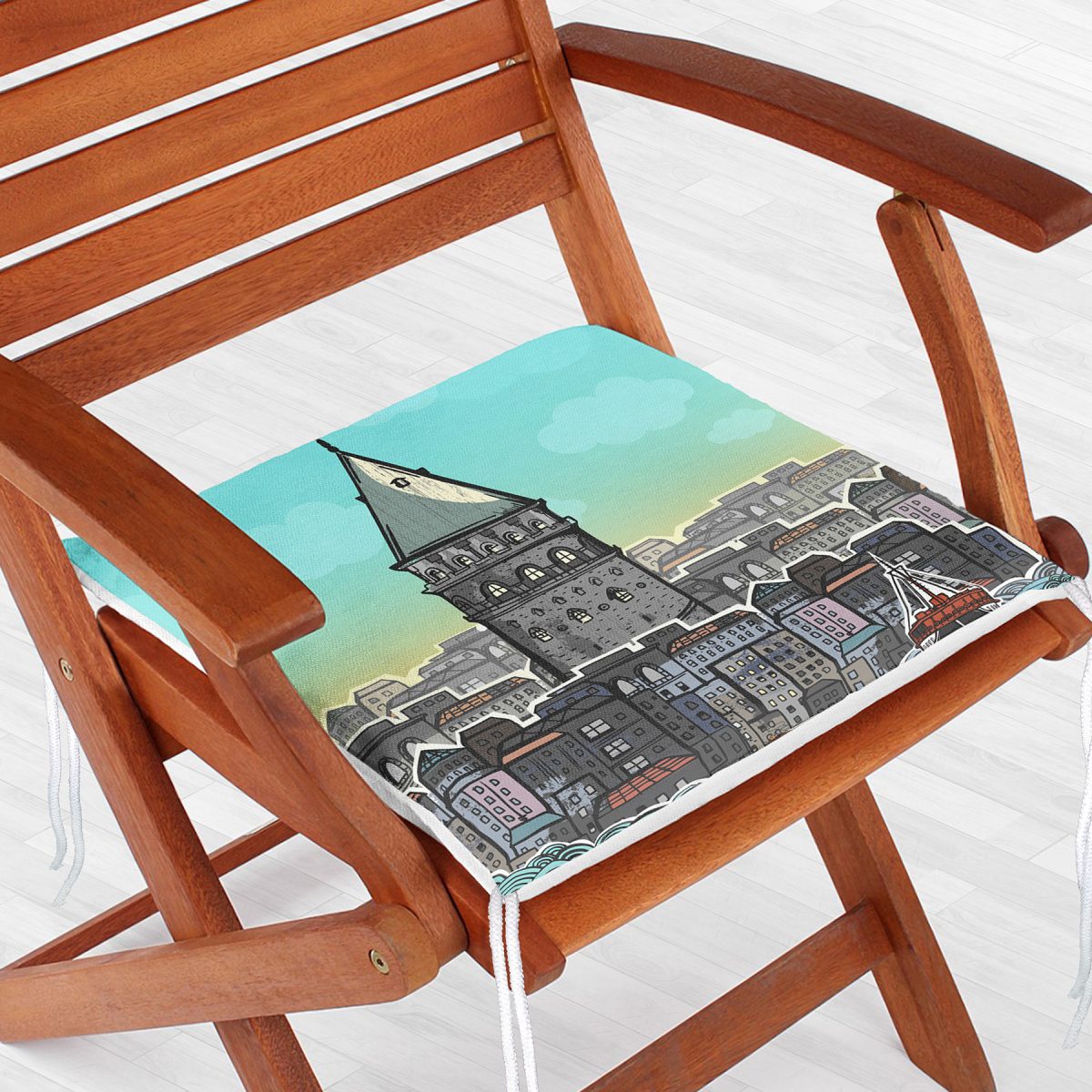 Galata Kulesi İllüstrasyon Dijital Baskılı Dekoratif Modern Fermuarlı Sandalye Minderi Realhomes
