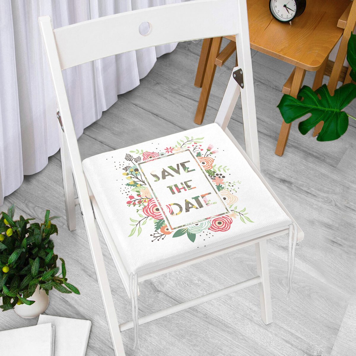 Save The Date Çiçek Desenli Dijital Baskılı Fermuarlı Sandalye Minderi Realhomes
