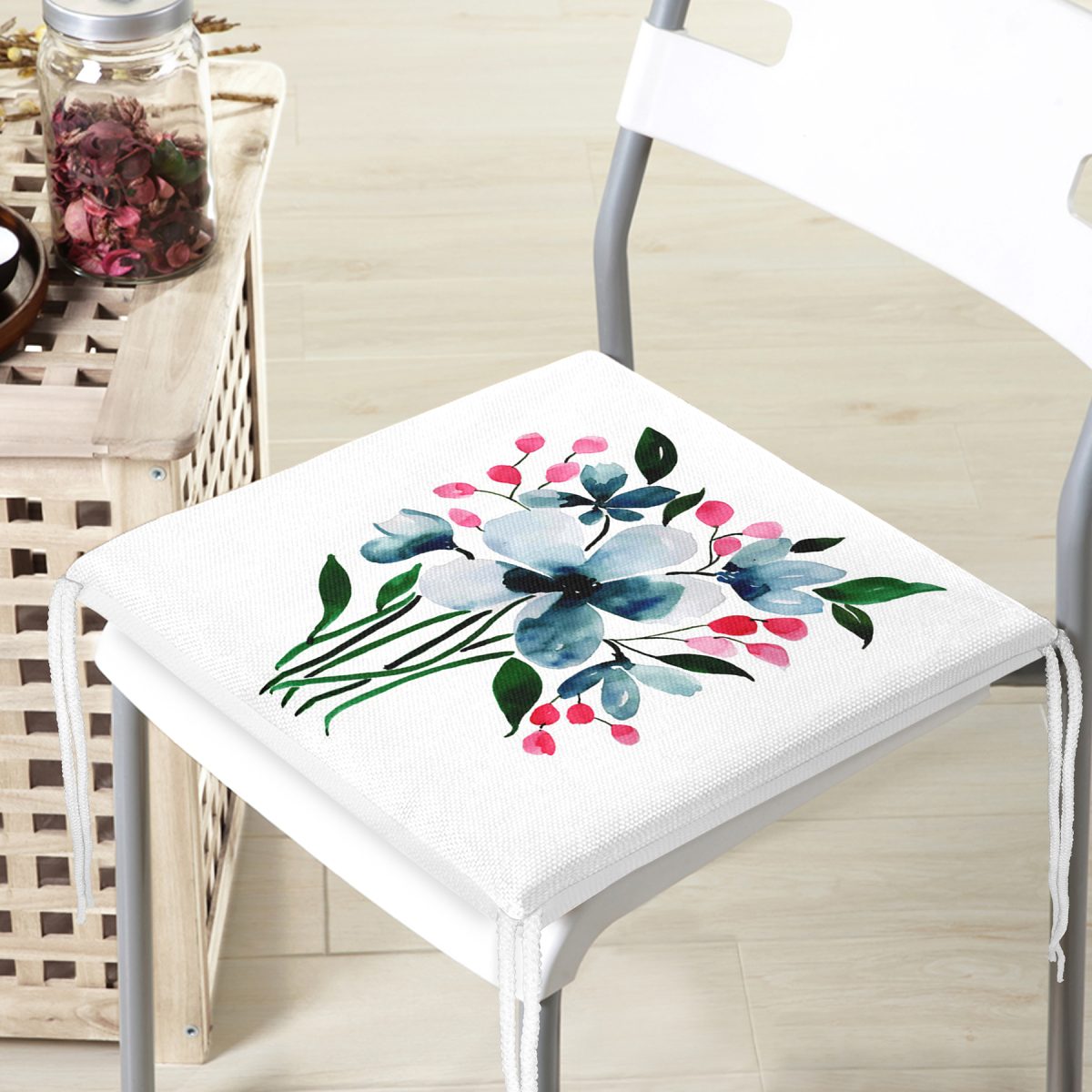 Modern Çiçek Desenli Dijital Baskılı Fermuarlı Sandalye Minderi Realhomes