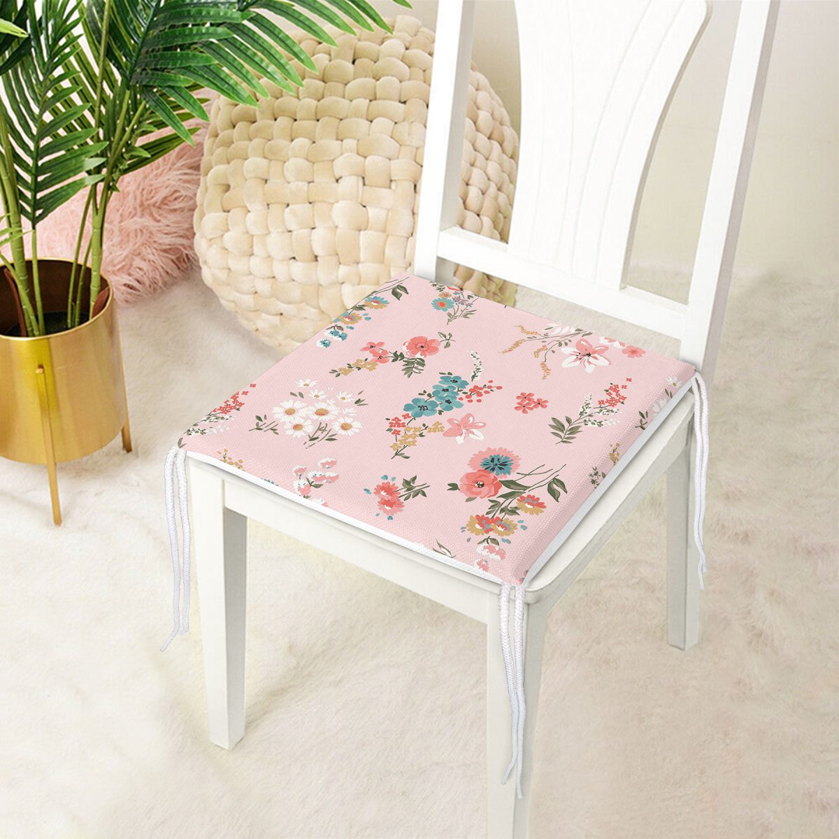 Pembe Zeminli Çiçek Desenli Modern Fermuarlı Sandalye Minderi Realhomes