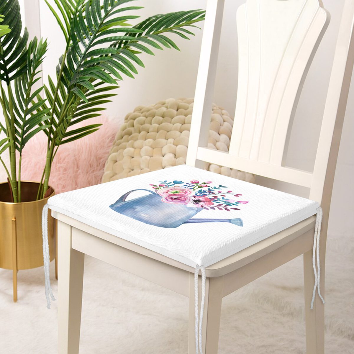 Sulu Boyalı Çiçek Desenli Dijital Baskılı Fermuarlı Sandalye Minderi Realhomes