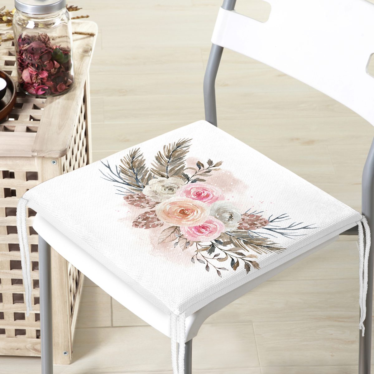 Dal ve Çiçek Motifli Dijital Baskılı Fermuarlı Sandalye Minderi Realhomes