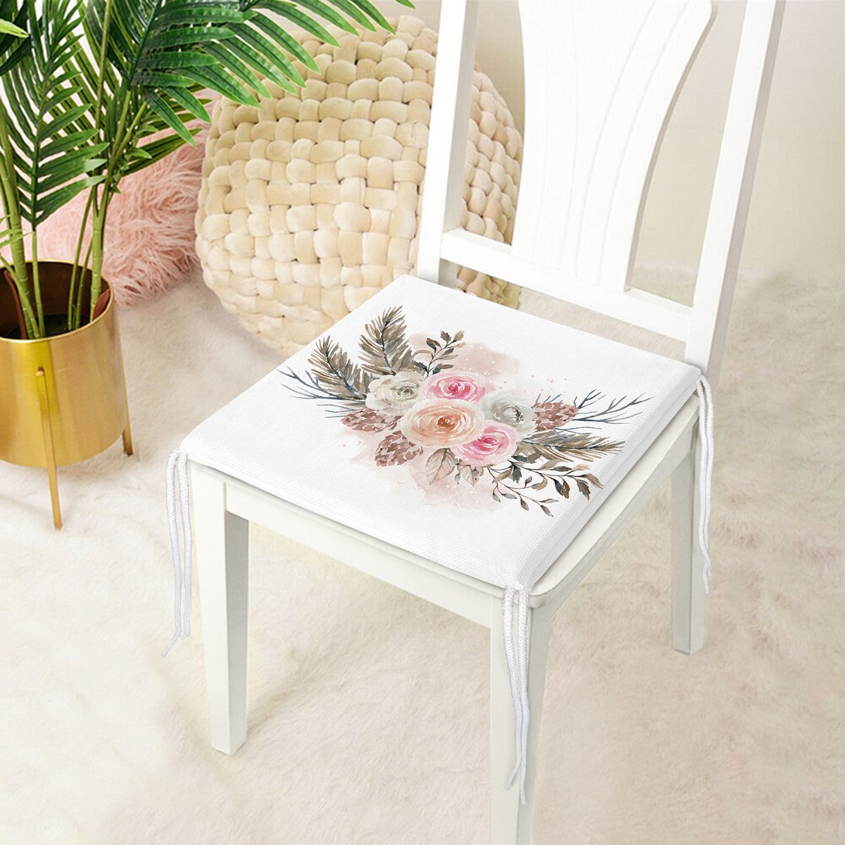 Dal ve Çiçek Motifli Dijital Baskılı Fermuarlı Sandalye Minderi Realhomes