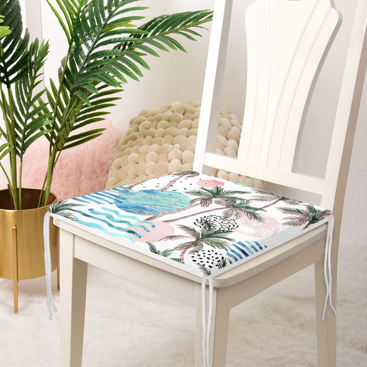 Palmiye Desenli Gezegen Dijital Baskılı Fermuarlı Sandalye Minderi Realhomes