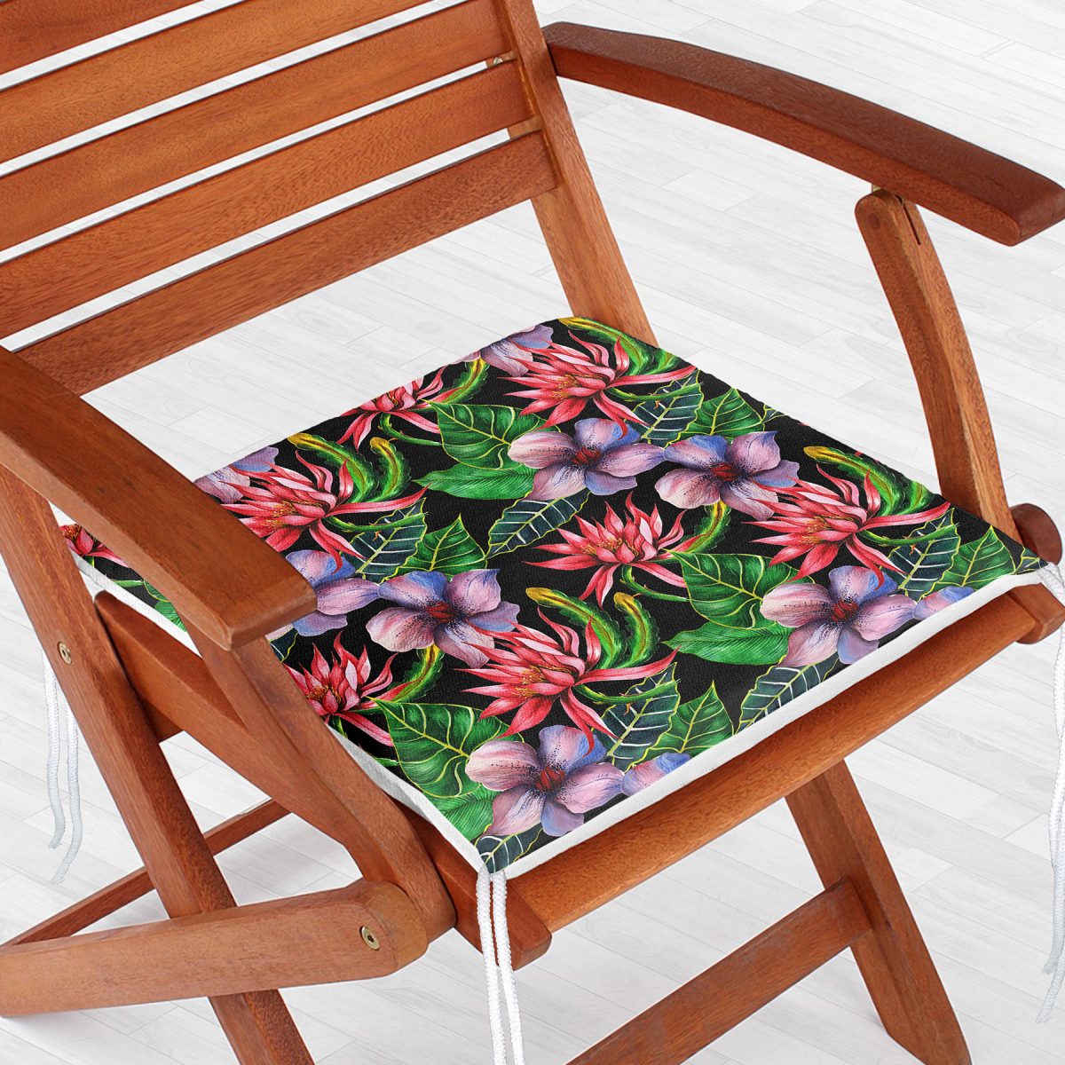 Siyah Zeminde Suluboya Tropik Bitkiler Tasarımlı Modern Fermuarlı Sandalye Minderi Realhomes