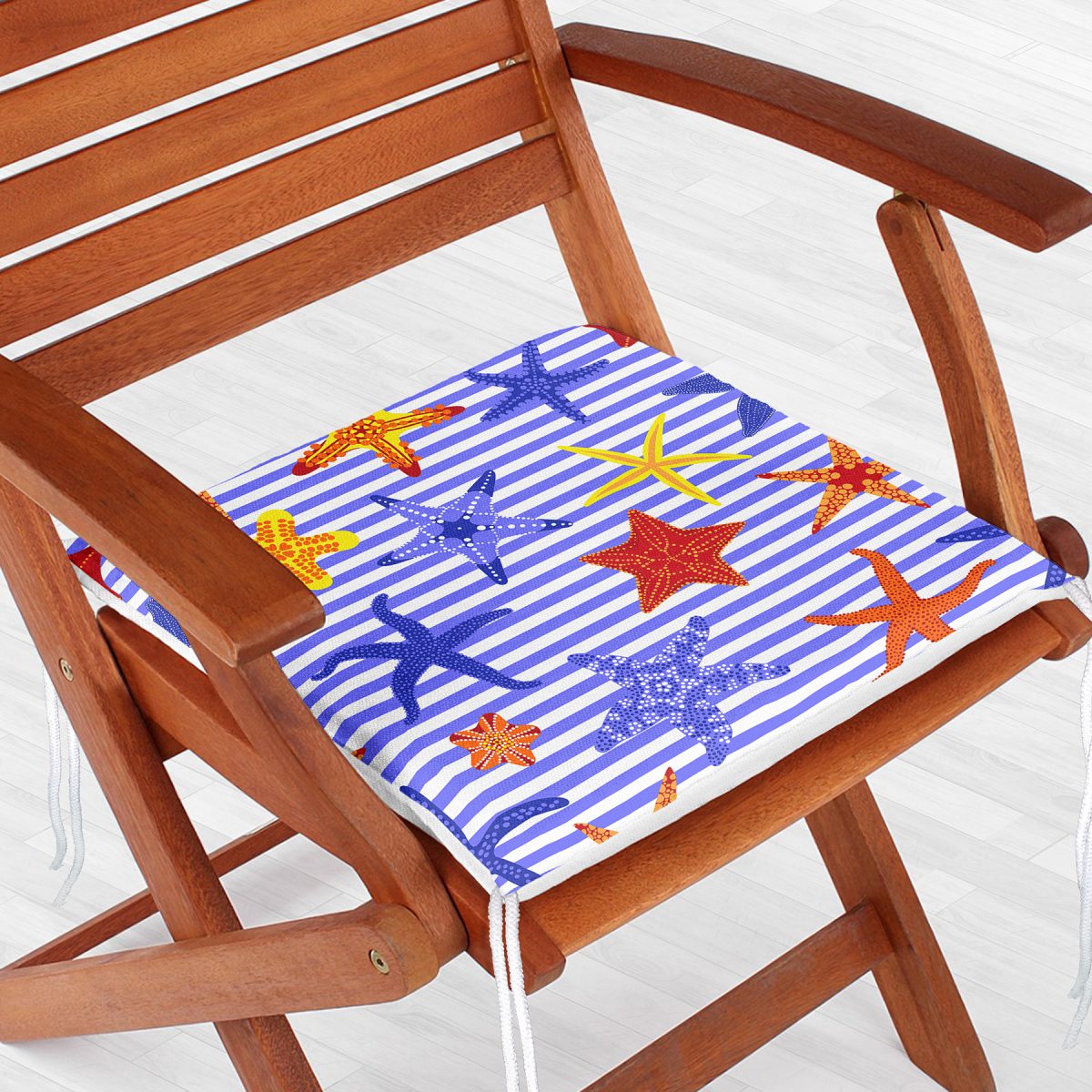 Çizgili Mavi Deniz Yıldızı Özel Tasarım Dijital Baskılı Modern Fermuarlı Sandalye Minderi Realhomes