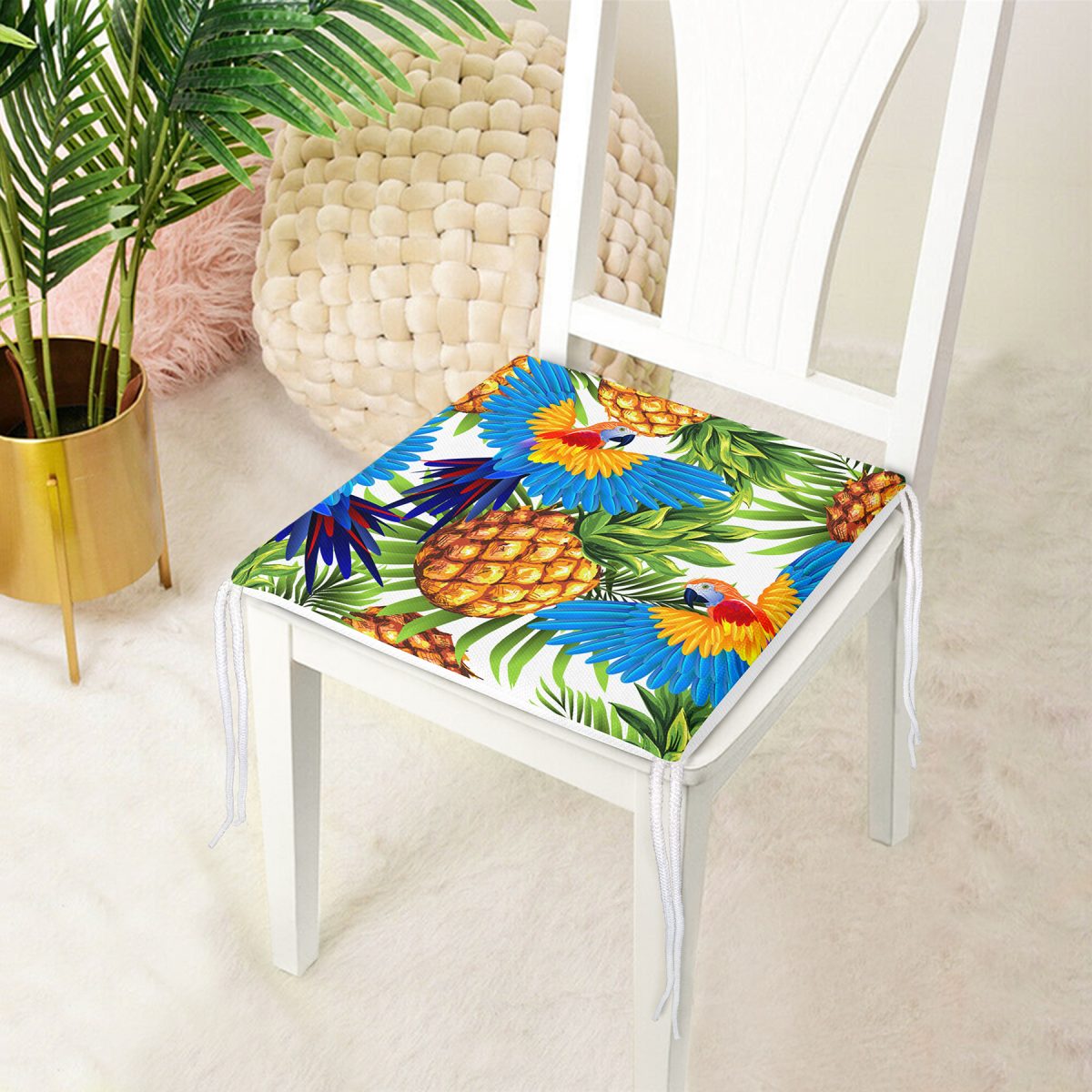 Ananas Tropikal Desenli Özel Tasarım Dijital Baskılı Modern Fermuarlı Sandalye Minderi Realhomes