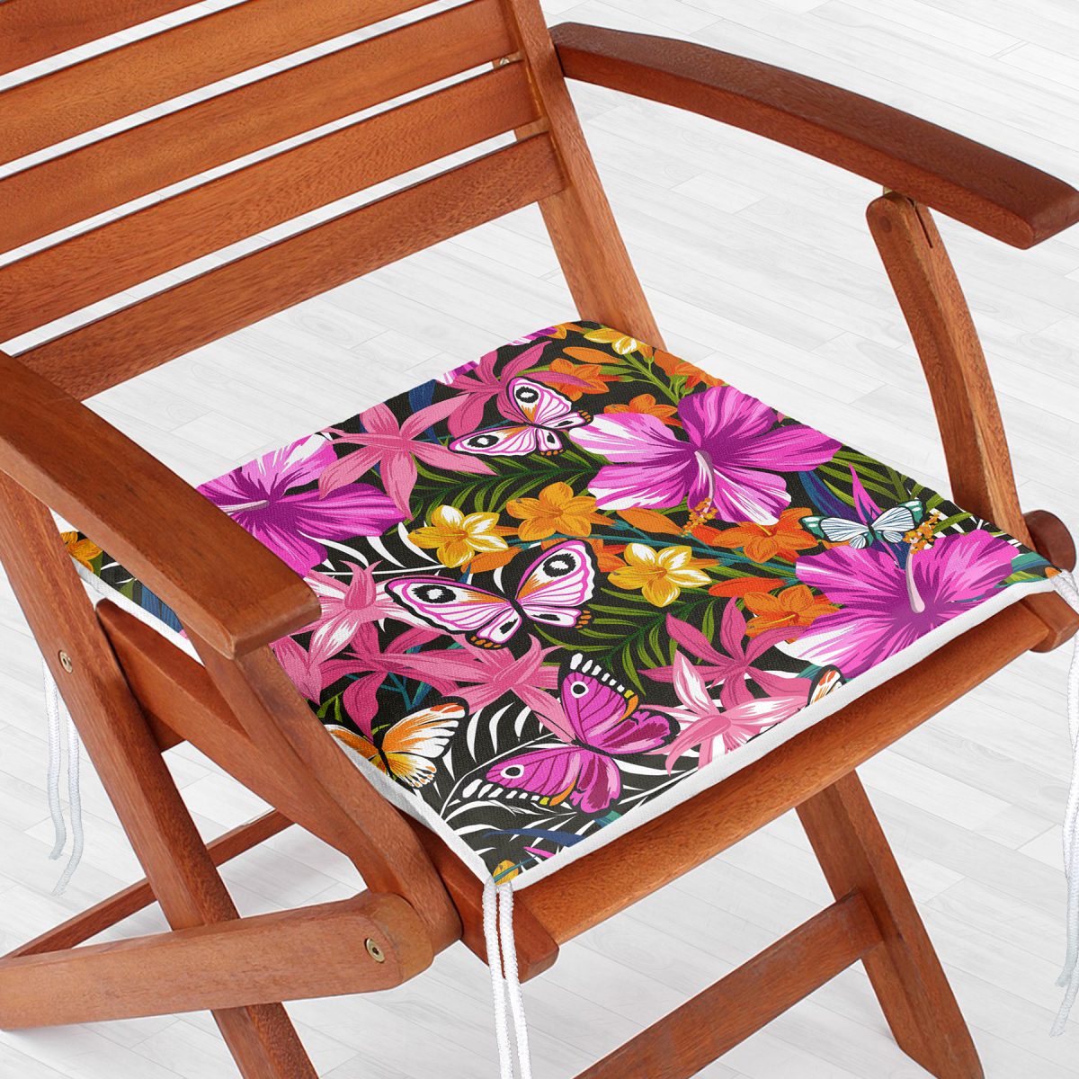 Siyah Zeminde Tropikal Desenli Özel Tasarım Modern Fermuarlı Sandalye Minderi Realhomes