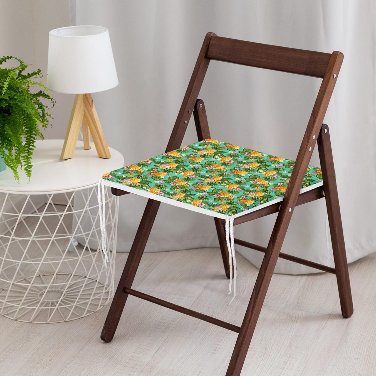 Turkuaz Zeminde Ananas Desenli Dijital Baskılı Modern Fermuarlı Sandalye Minderi Realhomes