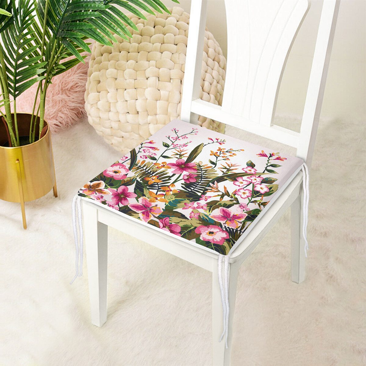 Bahar Çiçekleri Dijital Baskılı Modern Fermuarlı Sandalye Minderi Realhomes