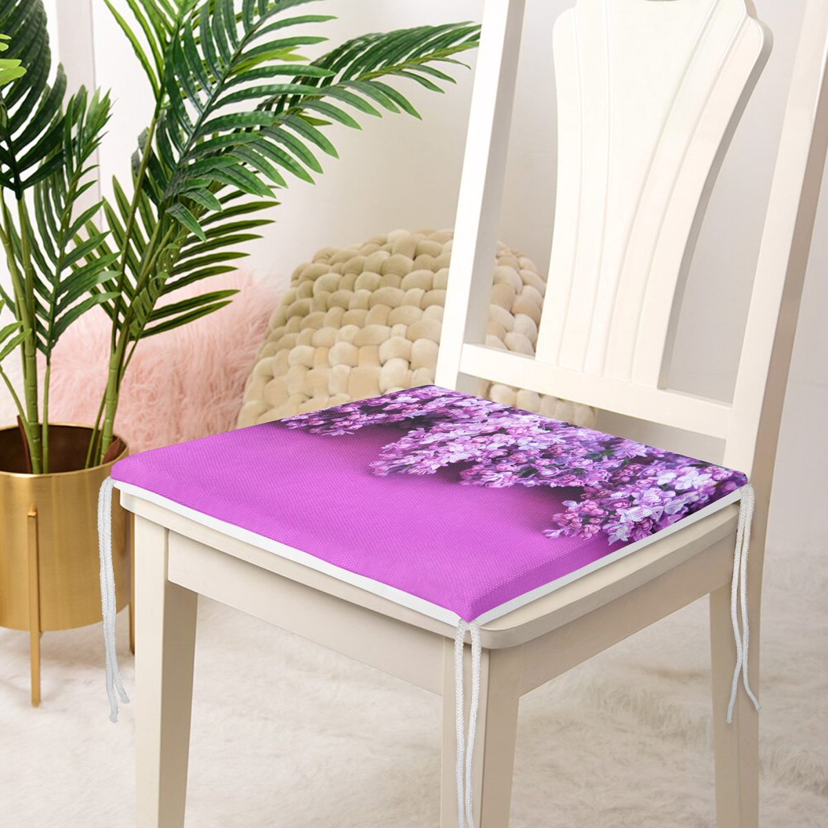 Mor Çiçek Motifli Dijital Baskılı Modern Fermuarlı Sandalye Minderi Realhomes