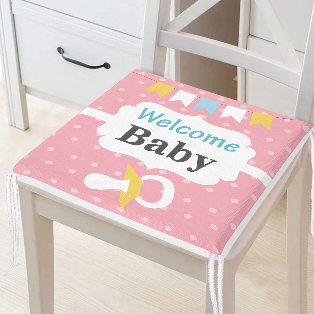 Pembe Zemin Baby Shower Temalı Özel Tasarımlı Dijital Baskılı Çocuk Odası Fermuarlı Sandalye Minderi Realhomes