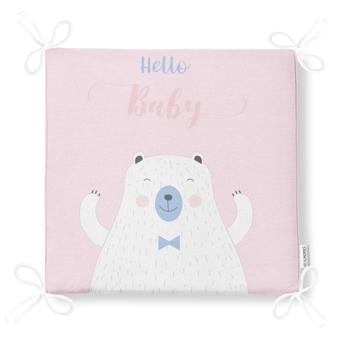 Pembe Zemin Hello Baby Yazılı Ayıcık Desenli Dijital Baskılı Modern Fermuarlı Sandalye Minderi Realhomes