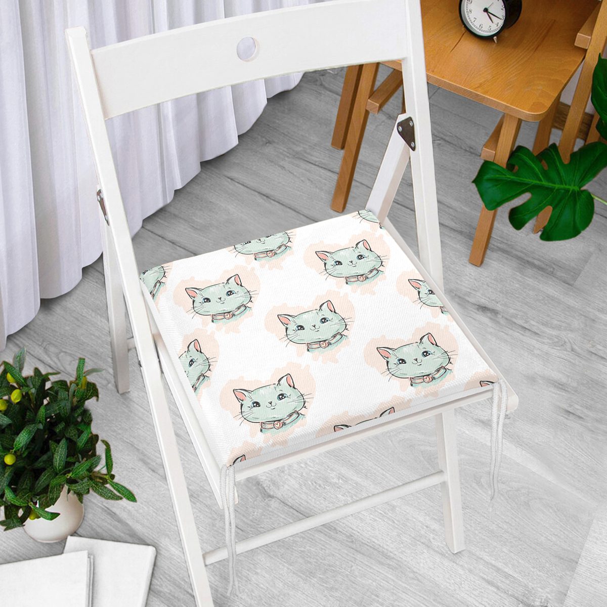 Realhomes Kedi Desenli Dijital Baskılı Modern Fermuarlı Sandalye Minderi Realhomes