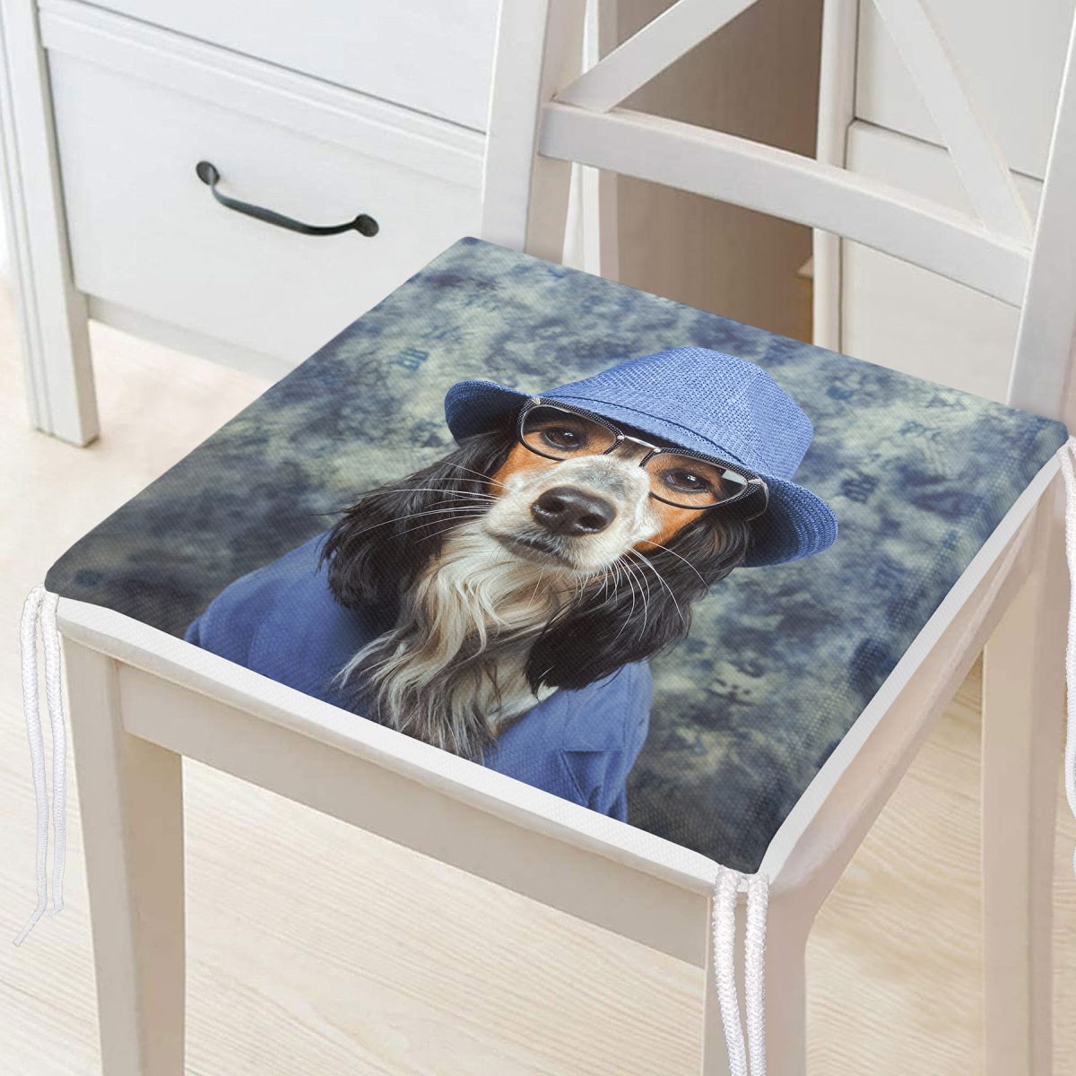 Gözlüklü Köpek Desenli Dijital Baskılı Modern Fermuarlı Sandalye Minderi Realhomes