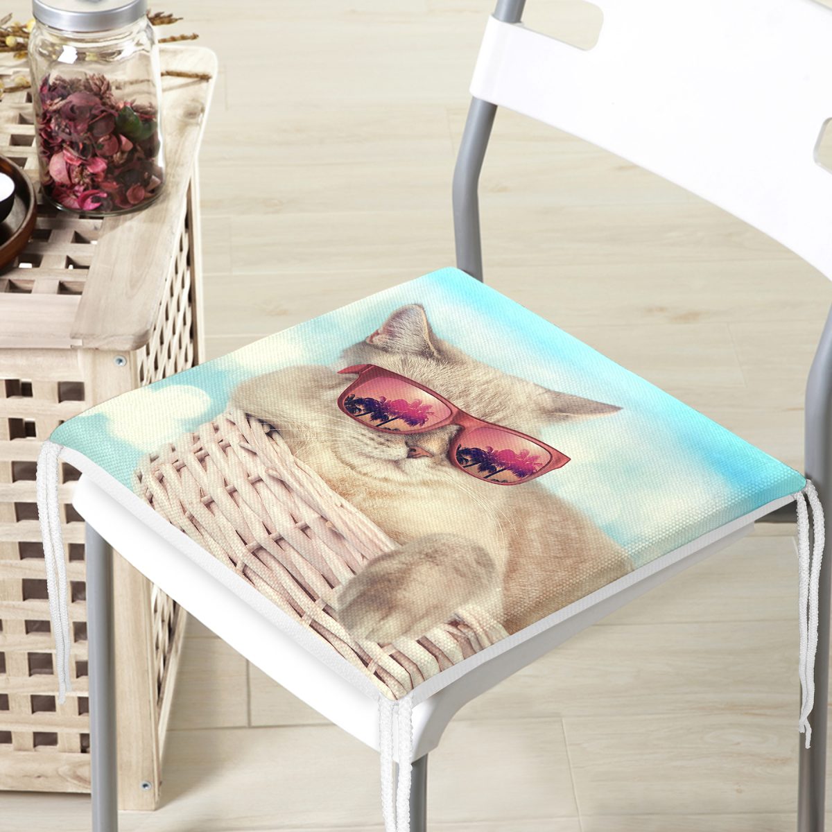 Sepetteki Gözlüklü Kedi Dijital Baskılı Modern Fermuarlı Sandalye Minderi Realhomes