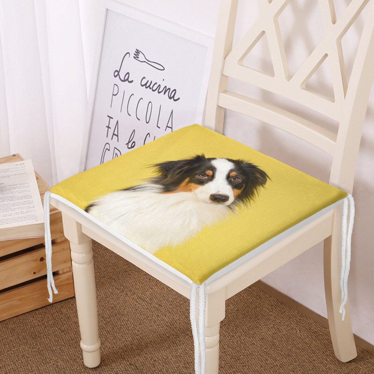 Sarı Zeminli Köpek Dijital Baskılı Modern Fermuarlı Sandalye Minderi Realhomes