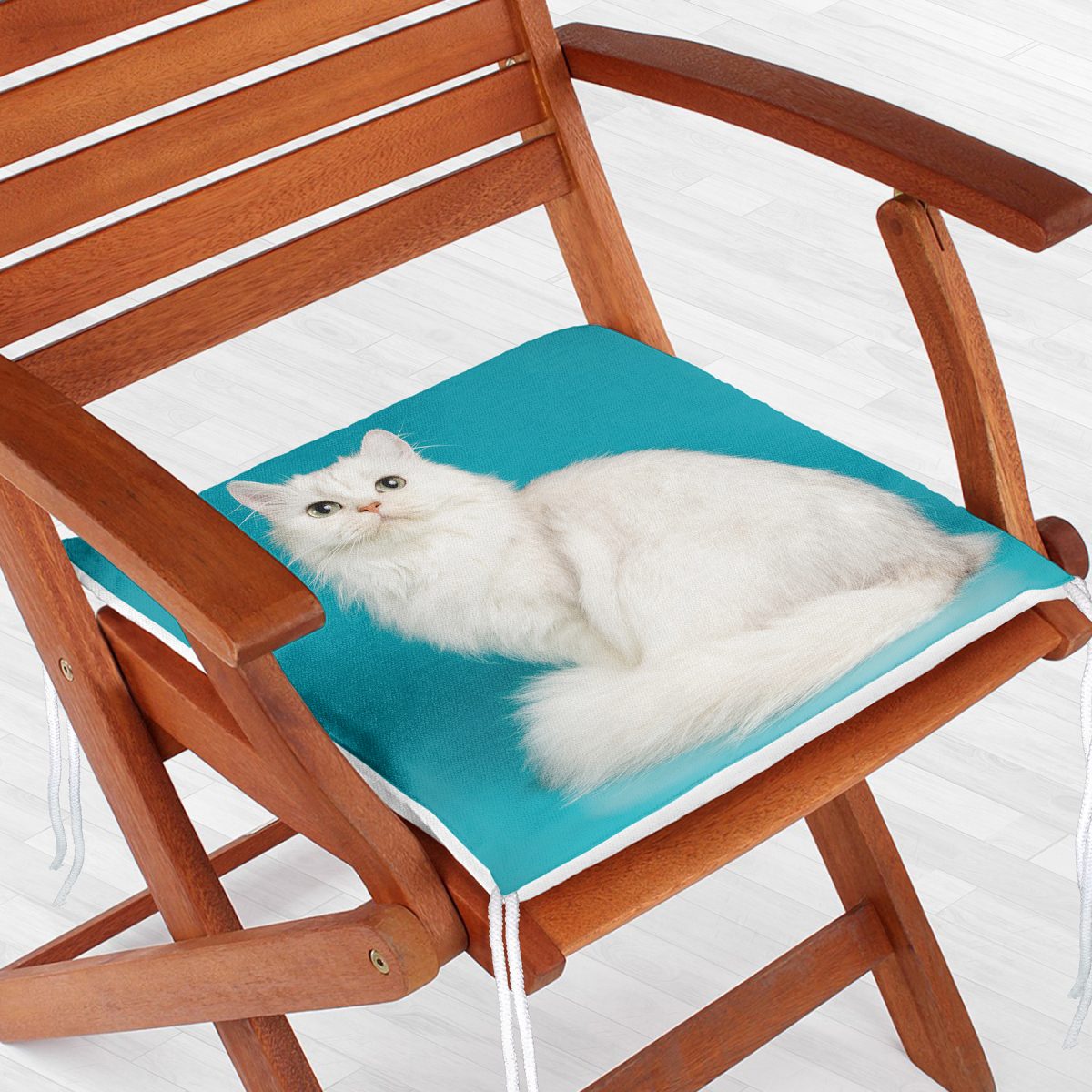 Mavi Zeminde Beyaz Kedi Desenli Modern Fermuarlı Sandalye Minderi Realhomes