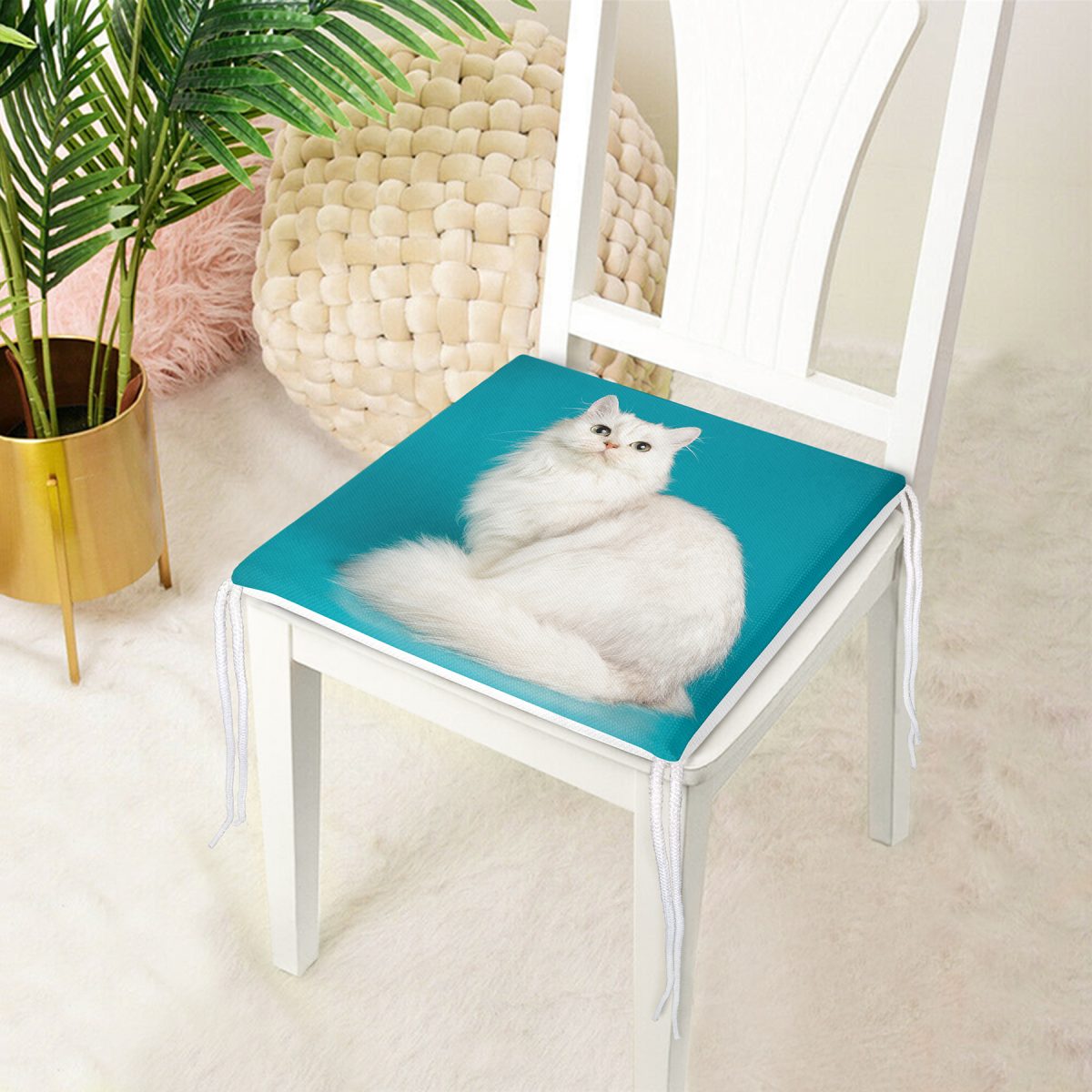 Mavi Zeminde Beyaz Kedi Desenli Modern Fermuarlı Sandalye Minderi Realhomes