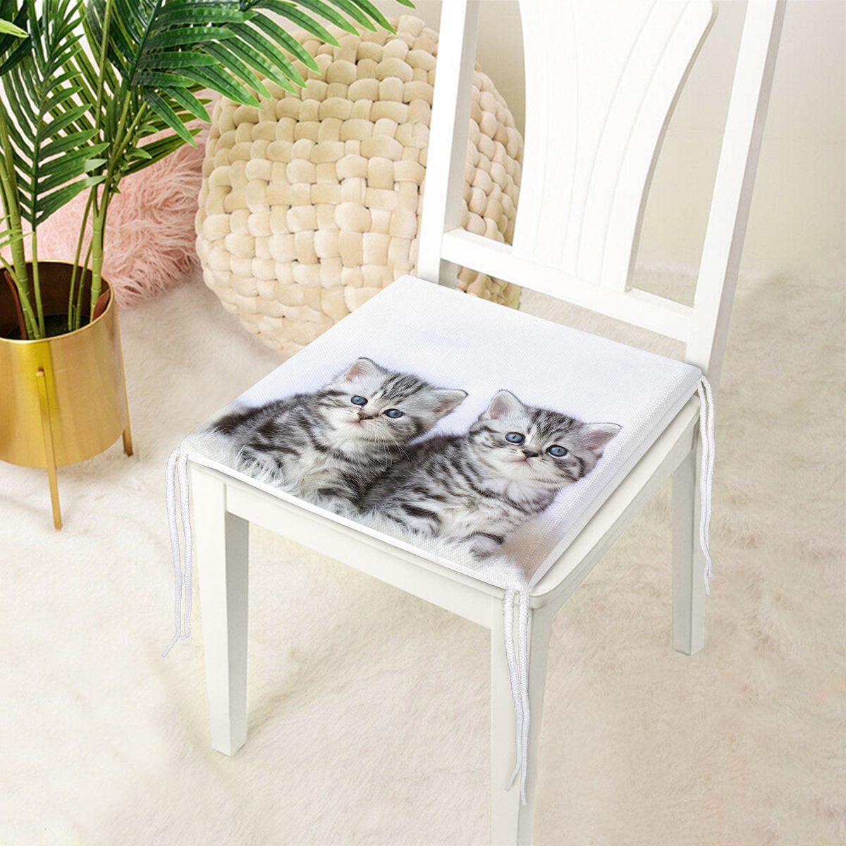 Yavru Kedi Desenli Modern Fermuarlı Sandalye Minderi Realhomes