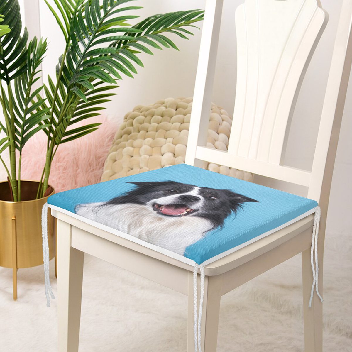 Mavi Zeminde Sevimli Köpek Dijital Baskılı Modern Fermuarlı Sandalye Minderi Realhomes