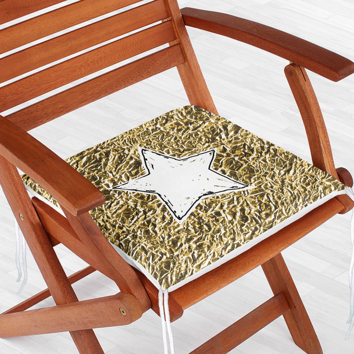 Gold Zeminli Beyaz Yıldız Desenli Dijital Baskılı Modern Fermuarlı Sandalye Minderi Realhomes