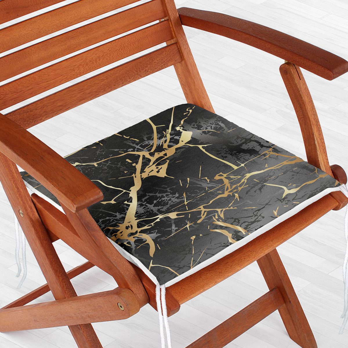 Siyah Zeminde Gold Renkli Çizim Desenli Dijital Baskılı Modern Fermuarlı Sandalye Minderi Realhomes
