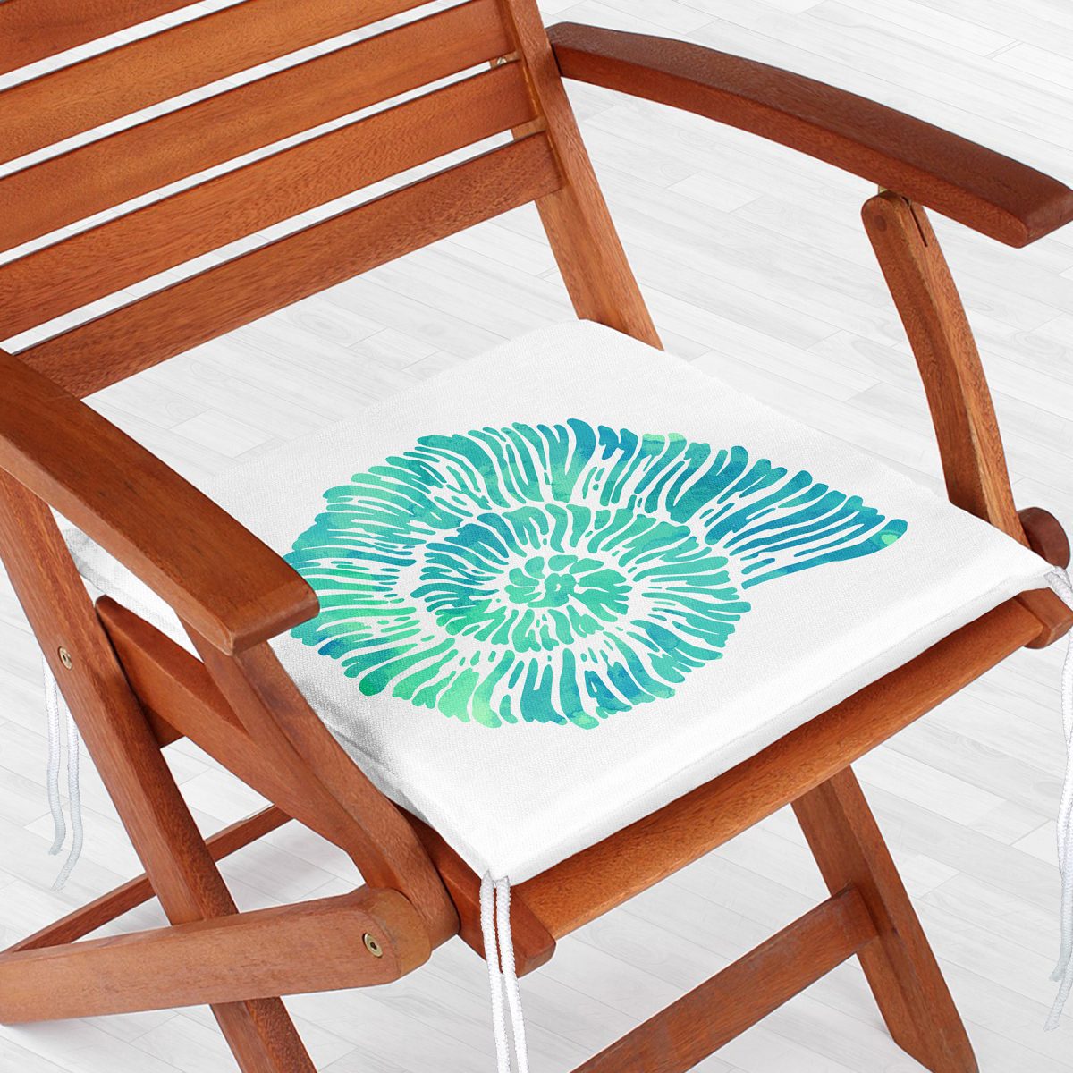 Beyaz Zeminde Yeşil Renkli Deniz Kabuğu Desenli Dijital Baskılı Modern Fermuarlı Sandalye Minderi Realhomes