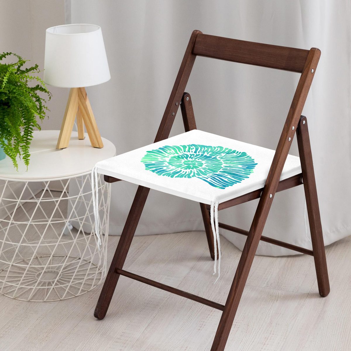 Beyaz Zeminde Yeşil Renkli Deniz Kabuğu Desenli Dijital Baskılı Modern Fermuarlı Sandalye Minderi Realhomes