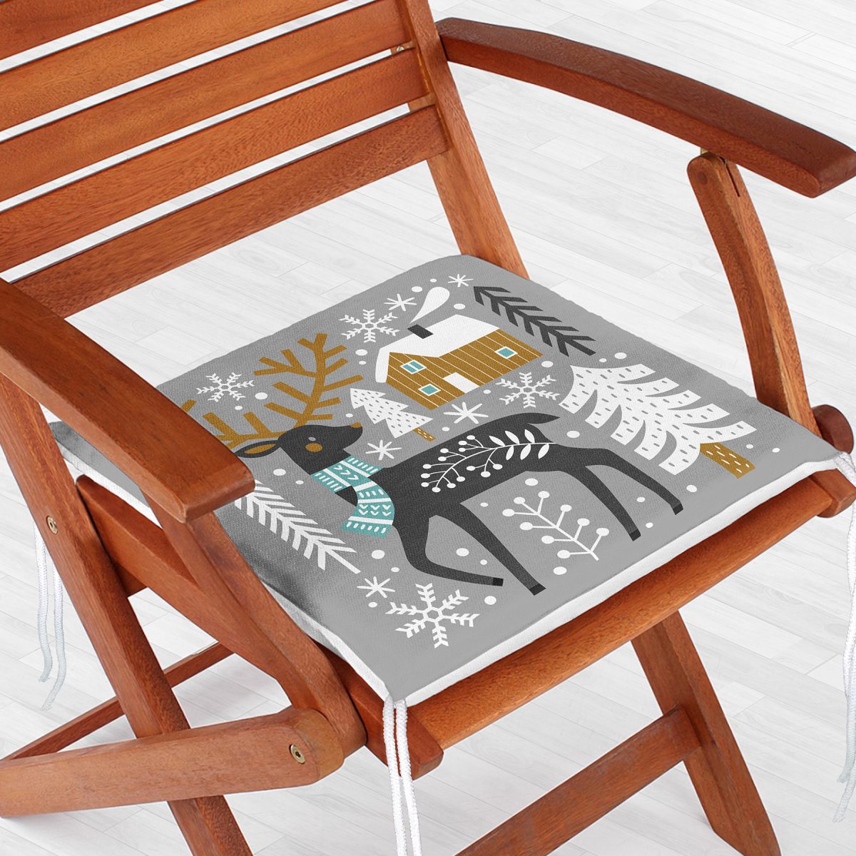 Gri Zeminde Geyik Desenli Dijital Baskılı Modern Fermuarlı Sandalye Minderi Realhomes