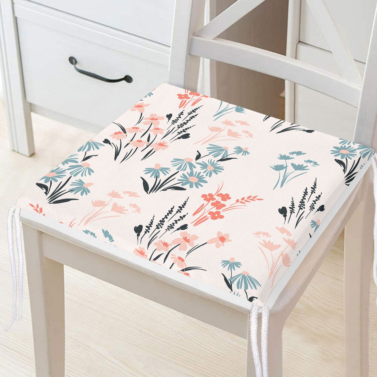 Beyaz Zeminde Renkli Çiçek Desenli Dijital Baskılı Modern Fermuarlı Sandalye Minderi Realhomes