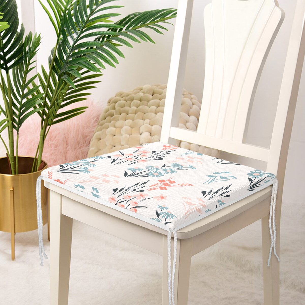 Beyaz Zeminde Renkli Çiçek Desenli Dijital Baskılı Modern Fermuarlı Sandalye Minderi Realhomes