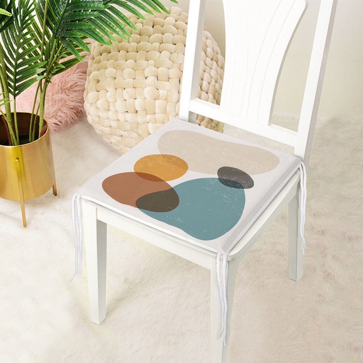 Renkli Zemin Üzerinde Onedraw Çizimli Oval Desenli Dijital Baskılı Modern Fermuarlı Sandalye Minderi Realhomes