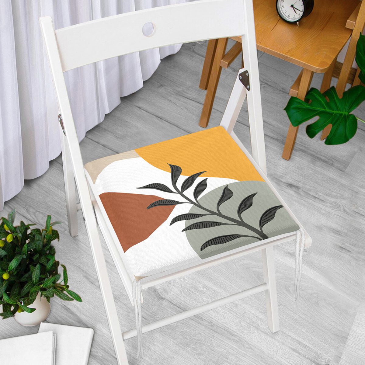 Renkli Zeminli Onedraw Çizimli Yaprak Desenli Dijital Baskılı Modern Fermuarlı Sandalye Minderi Realhomes