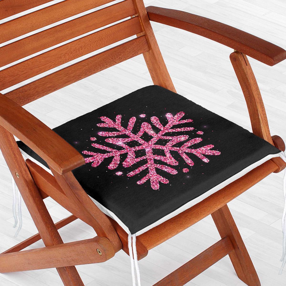 Siyah Zeminli Pembe Renkli Kar tanesi Desenli Dijital Baskılı Modern Fermuarlı Sandalye Minderi Realhomes