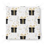 Beyaz Zemin Üzerinde Gold Detaylı Hediye Paketi Desenli Dijital Baskılı Modern Fermuarlı Sandalye Minderi Realhomes