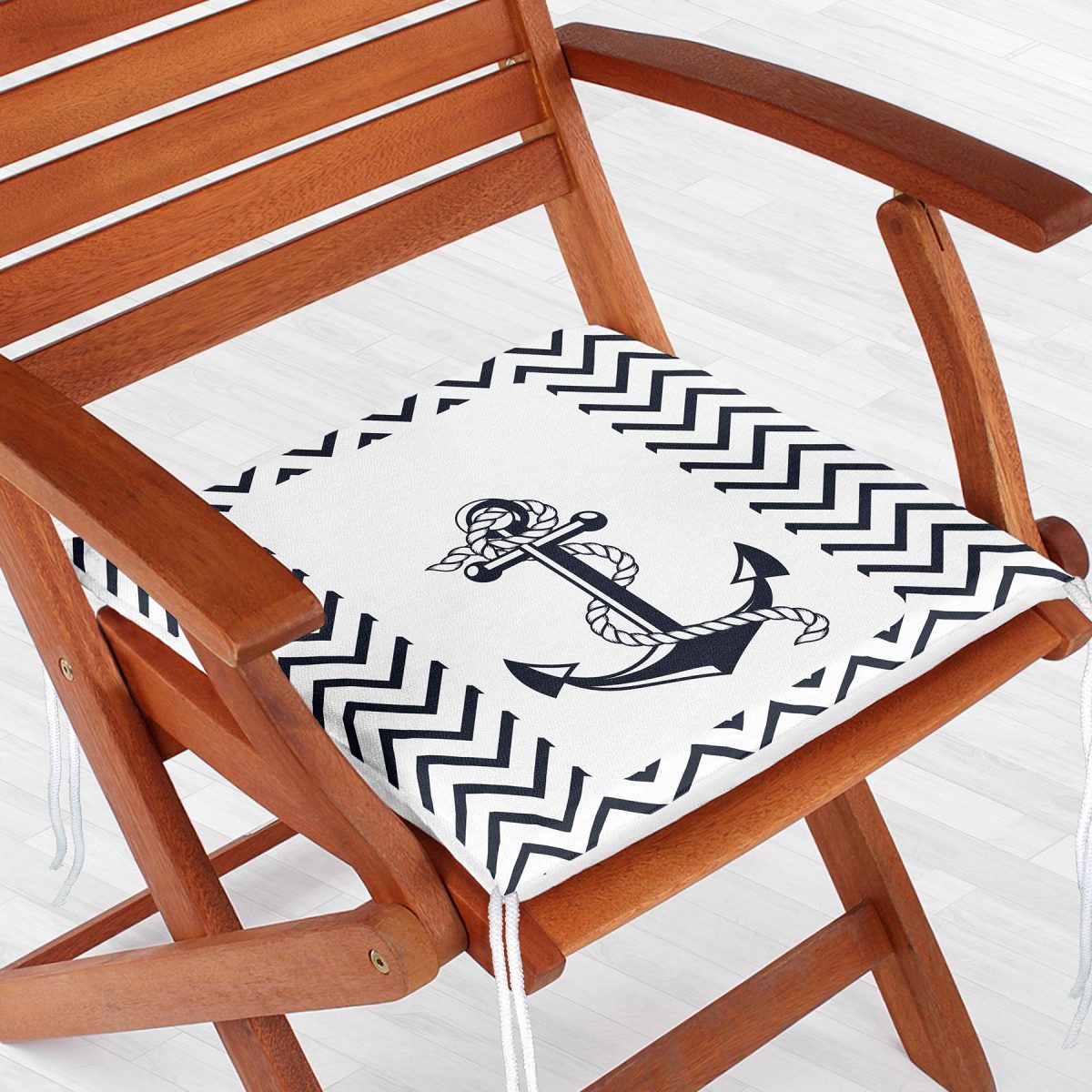 Beyaz Zemin Üzerinde Geometrik Çizimli Çapa Desenli Dijital Baskılı Modern Fermuarlı Sandalye Minderi Realhomes