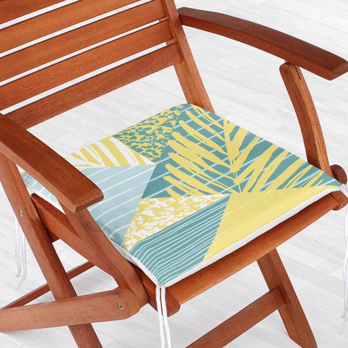 Renkli Zemin Üzerinde Geometrik Desenli Yaprak Motifli Dijital Baskılı Modern Fermuarlı Sandalye Minderi Realhomes