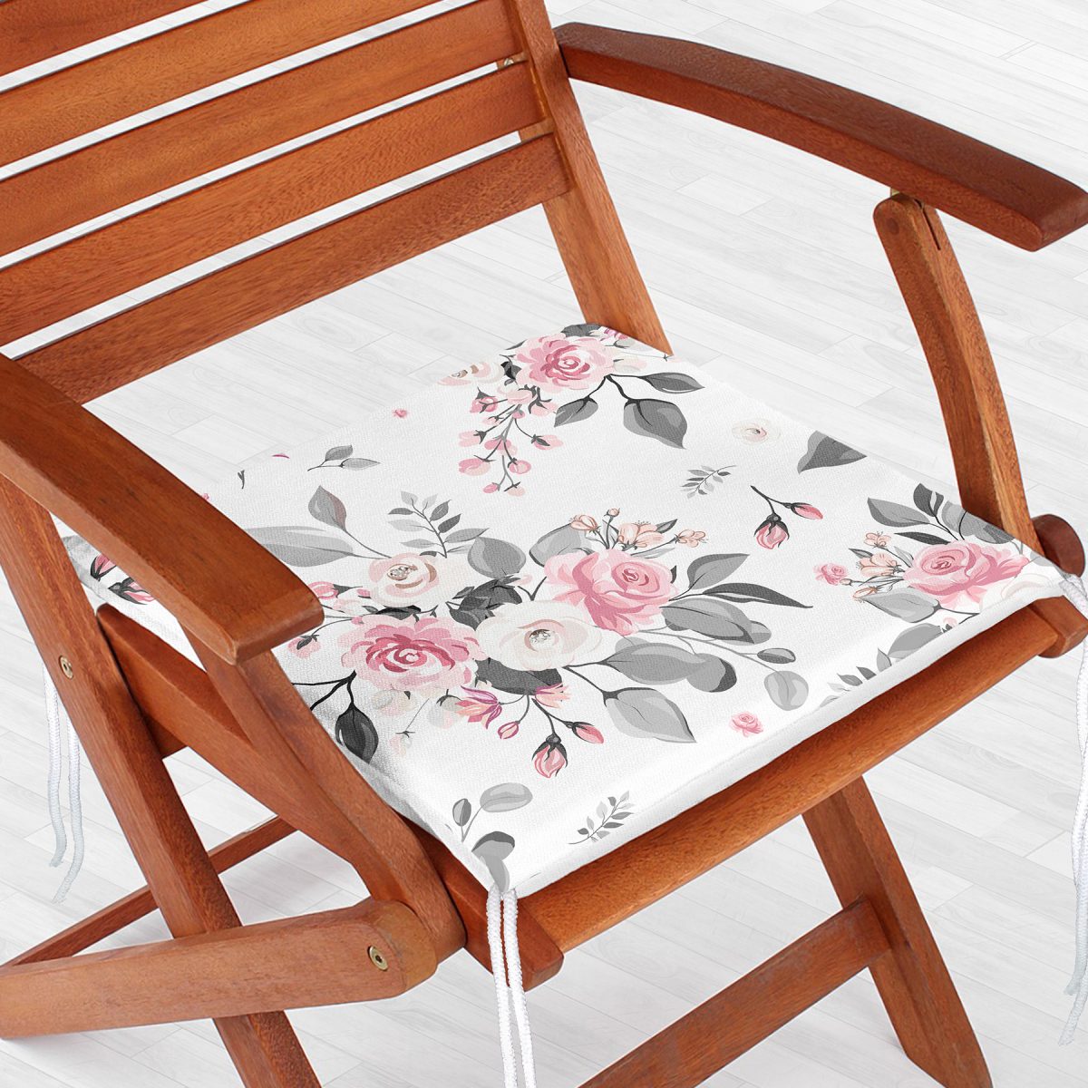 Pembe Beyaz Gül Gri Yapraklar Desenli Dijital Baskılı Modern Fermuarlı Sandalye Minderi Realhomes