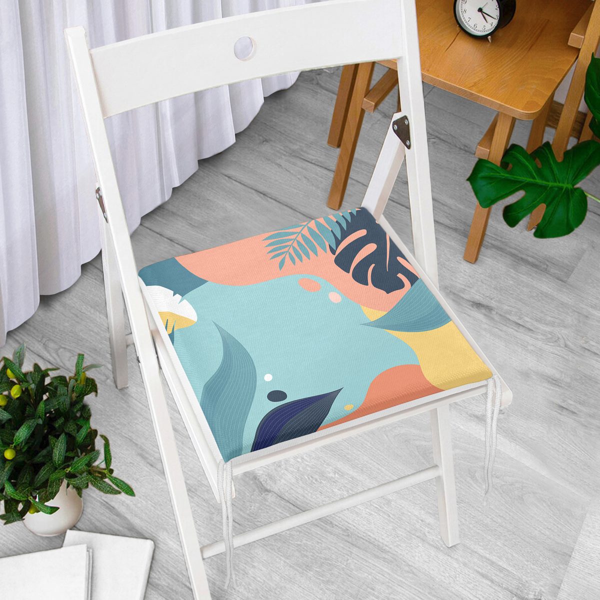 Renkli Zemin Üzerinde Pastel Yaprak Desenli Dijital Baskılı Modern Fermuarlı Sandalye Minderi Realhomes