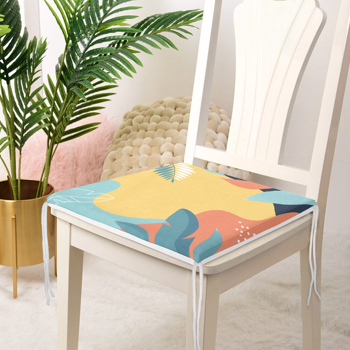Renkli Zemin Üzerinde Pastel Yaprak Desenli Dijital Baskılı Modern Fermuarlı Sandalye Minderi Realhomes