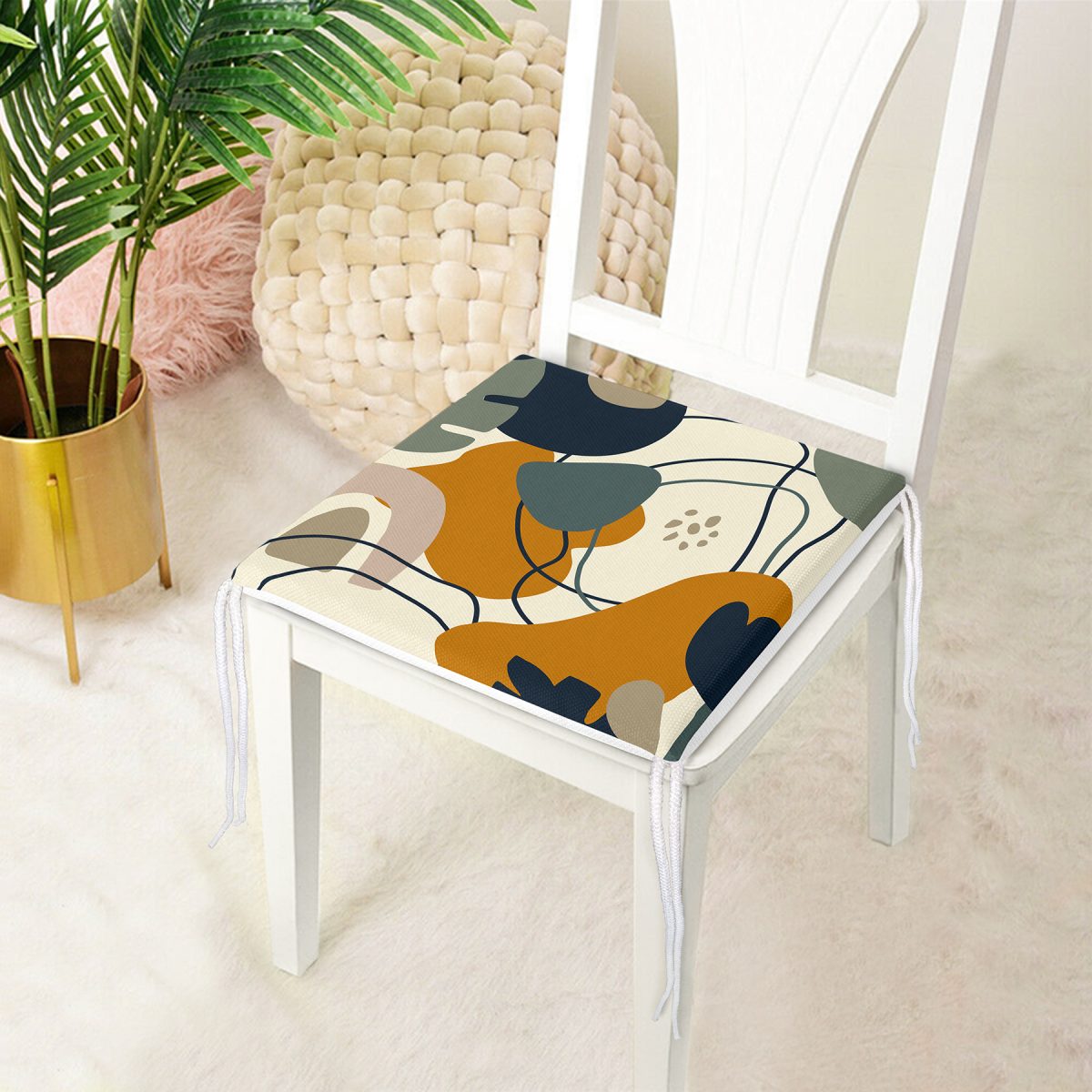 Renkli Zemin Üzerinde Yaprak Desenli Dijital Baskılı Modern Fermuarlı Sandalye Minderi Realhomes