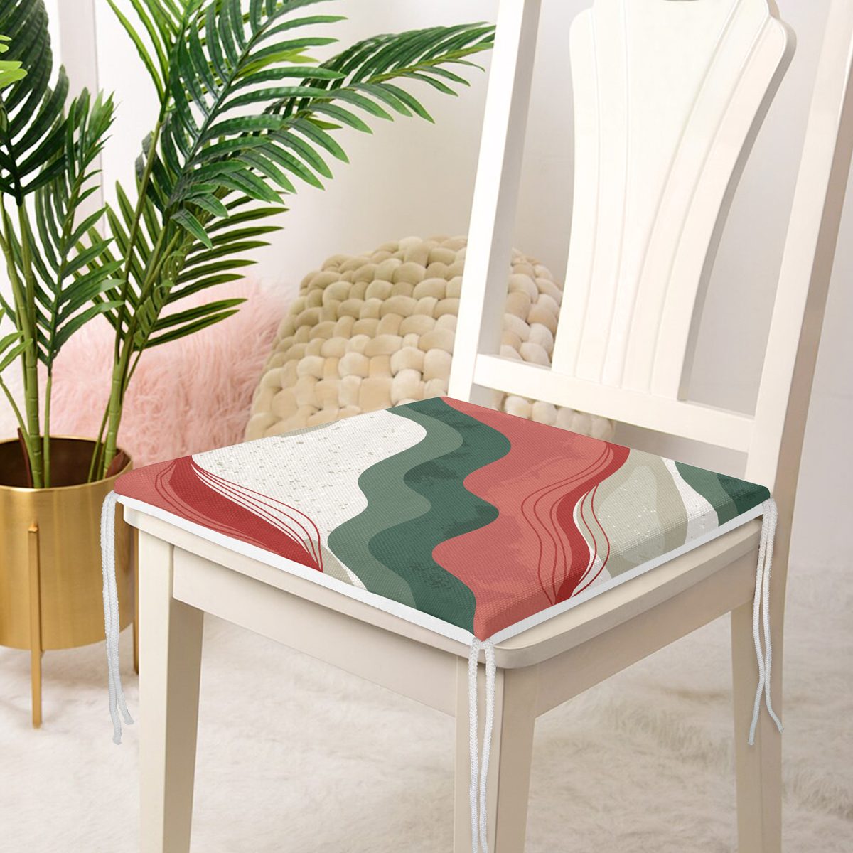 Renkli Zemin Üzerinde Geometrik Desenli Dijital Baskılı Modern Fermuarlı Sandalye Minderi Realhomes