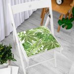 Beyaz Zemin Üzerinde Yeşil Yaprak Desenli Dijital Baskılı Modern Fermuarlı Sandalye Minderi Realhomes